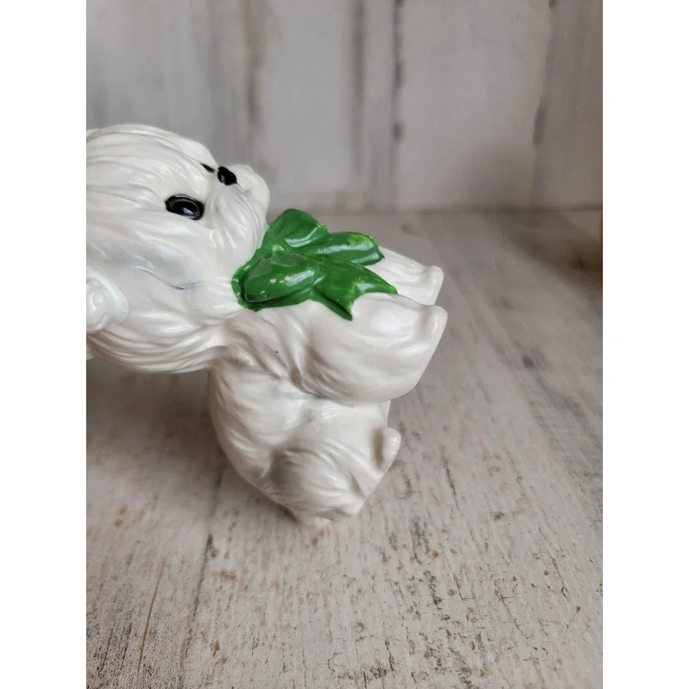 Lefton vintage white Maltese dog puppy Xmas mistletoe Santa hat figure
